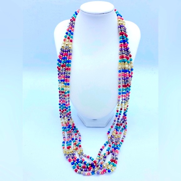 Boho Multi Colored , Multi Layered, Gold Toned Small Beaded Necklace 30” Long - Picture 1 of 6